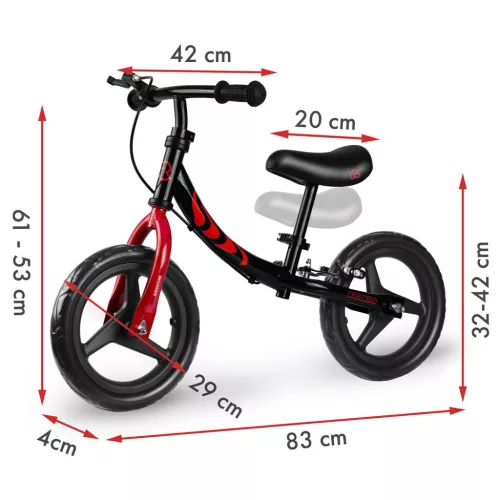 Kétkerekű futóbicikli, Ricokids Fun Adventure, fekete, acél váz, EVA hab kerekek 29 cm, állítható ülésmagasság 32-42 cm, hátsó fék, ultrakönnyű (TE760804)