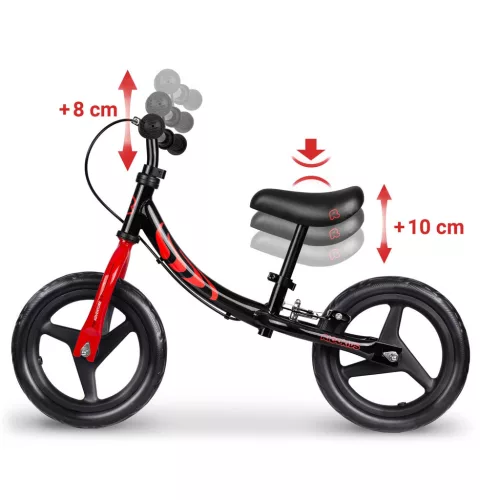 Kétkerekű futóbicikli, Ricokids Fun Adventure, fekete, acél váz, EVA hab kerekek 29 cm, állítható ülésmagasság 32-42 cm, hátsó fék, ultrakönnyű (TE760804)