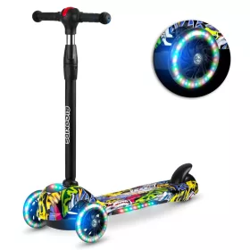   Háromkerekű roller, Ricokids Piko, fekete, színes mintás, LED világítás a kerekekben és a fellépőben, állítható magasságú kormány, balanszos irányítás, EN 71, max. 35 kg
