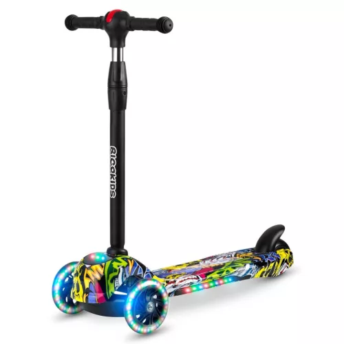 Háromkerekű roller, Ricokids Piko, fekete, színes mintás, LED világítás a kerekekben és a fellépőben, állítható magasságú kormány, balanszos irányítás, EN 71, max. 35 kg