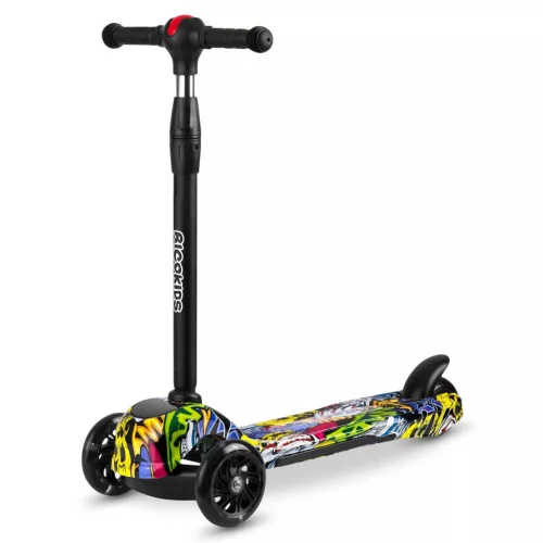 Háromkerekű roller, Ricokids Piko, fekete, színes mintás, LED világítás a kerekekben és a fellépőben, állítható magasságú kormány, balanszos irányítás, EN 71, max. 35 kg
