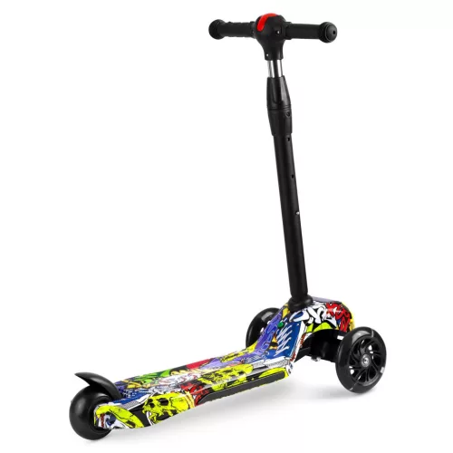 Háromkerekű roller, Ricokids Piko, fekete, színes mintás, LED világítás a kerekekben és a fellépőben, állítható magasságú kormány, balanszos irányítás, EN 71, max. 35 kg
