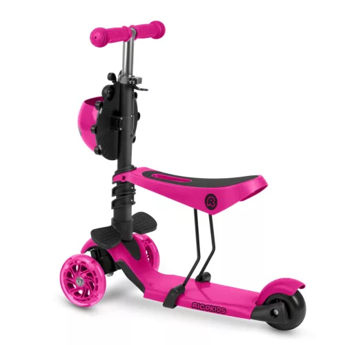 Háromkerekű roller, Ricokids Buggy, rózsaszín, 3 az 1-ben, LED világítás a kerekekben, állítható magasságú kormány és ülés, balanszos irányítás, EN 71, max. 30 kg