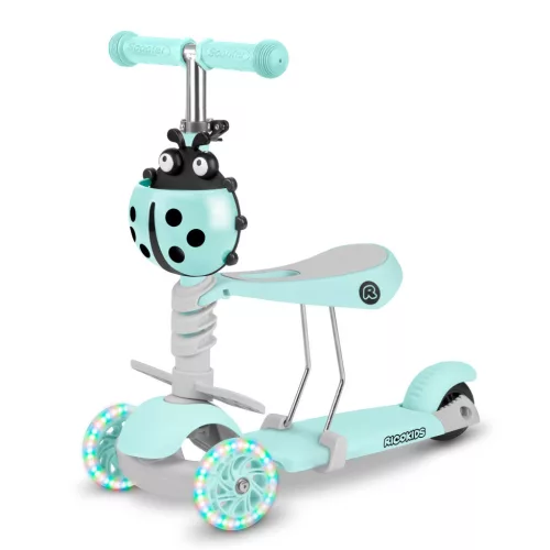 Háromkerekű roller, Ricokids Buggy, mentazöld, 3 az 1-ben, LED világítás a kerekekben, állítható magasságú kormány és ülés, balanszos irányítás, EN 71, max. 30 kg