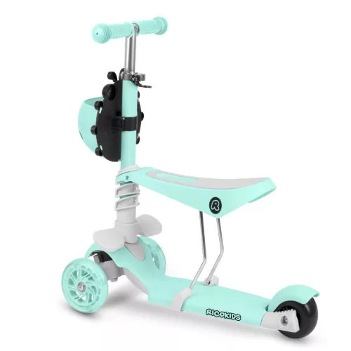 Háromkerekű roller, Ricokids Buggy, mentazöld, 3 az 1-ben, LED világítás a kerekekben, állítható magasságú kormány és ülés, balanszos irányítás, EN 71, max. 30 kg