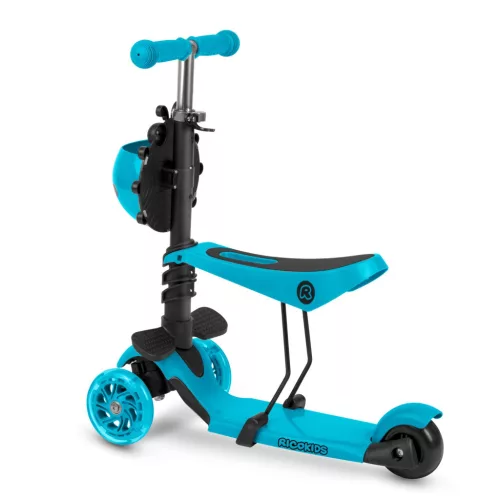 Háromkerekű roller, Ricokids Buggy, türkiz, 3 az 1-ben, LED világítás a kerekekben, állítható magasságú kormány és ülés, balanszos irányítás, EN 71, max. 30 kg
