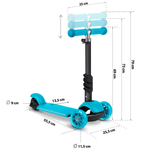 Háromkerekű roller, Ricokids Buggy, türkiz, 3 az 1-ben, LED világítás a kerekekben, állítható magasságú kormány és ülés, balanszos irányítás, EN 71, max. 30 kg