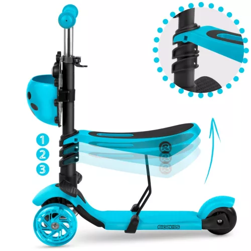 Háromkerekű roller, Ricokids Buggy, türkiz, 3 az 1-ben, LED világítás a kerekekben, állítható magasságú kormány és ülés, balanszos irányítás, EN 71, max. 30 kg