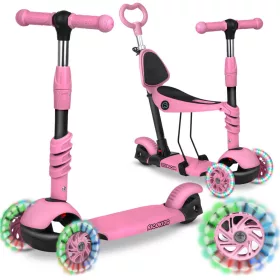   Háromkerekű roller, Ricokids Todi, rózsaszín, 3 az 1-ben, LED világítás a kerekekben, állítható magasságú kormány és ülés, balanszos irányítás, EN 71, max. 30 kg teherbírás, levehető üléssel és tolórúddal