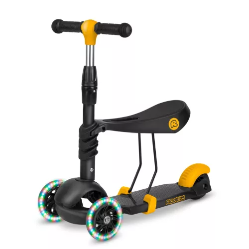 Háromkerekű roller, Ricokids Cubi, fekete, 3 az 1-ben, LED világítás a kerekben, állítható magasságú kormány és ülés, balanszos irányítás, csúszásgátló fellépő, EN 71, max. 30 kg