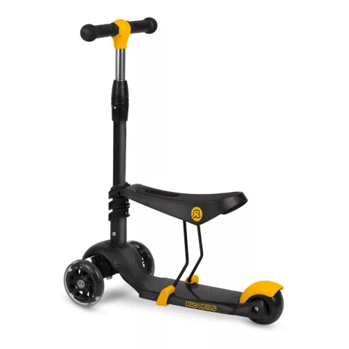 Háromkerekű roller, Ricokids Cubi, fekete, 3 az 1-ben, LED világítás a kerekben, állítható magasságú kormány és ülés, balanszos irányítás, csúszásgátló fellépő, EN 71, max. 30 kg