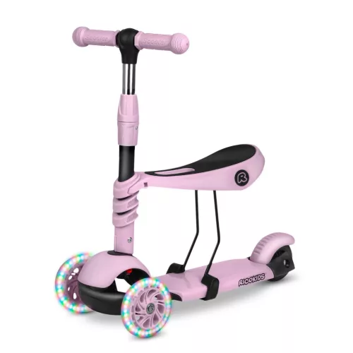 Háromkerekű roller, Ricokids Cubi, rózsaszín, 3 az 1-ben, LED világítás a kerekben, állítható magasságú kormány és ülés, balanszos irányítás, csúszásgátló fellépő, EN 71, max. 30 kg