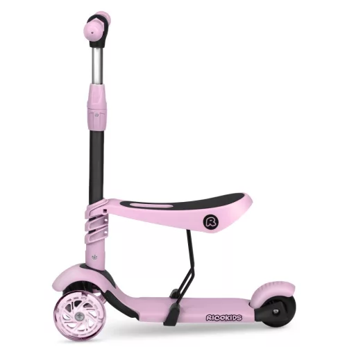 Háromkerekű roller, Ricokids Cubi, rózsaszín, 3 az 1-ben, LED világítás a kerekben, állítható magasságú kormány és ülés, balanszos irányítás, csúszásgátló fellépő, EN 71, max. 30 kg