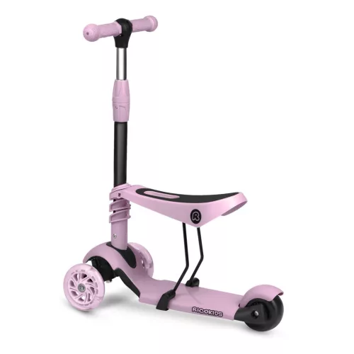 Háromkerekű roller, Ricokids Cubi, rózsaszín, 3 az 1-ben, LED világítás a kerekben, állítható magasságú kormány és ülés, balanszos irányítás, csúszásgátló fellépő, EN 71, max. 30 kg