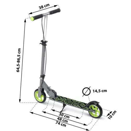 Gyerek roller, Ricokids Kodi, zöld, 14,5 cm PU kerekek, összecsukható, állítható kormány, kézifék és lábfék, ABEC-7 csapágy, 3–8 éveseknek, max. 50 kg