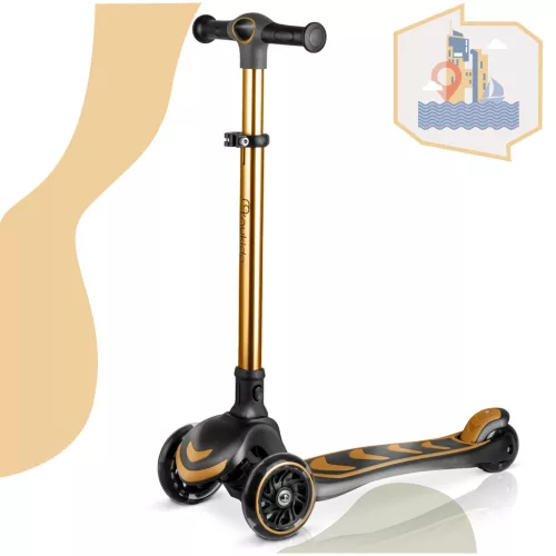 Háromkerekű roller, Nukido Flippo, arany, LED világítás a kerekekben, balanszos irányítás, levehető és állítható ülés, alumínium kormány, max. 50 kg