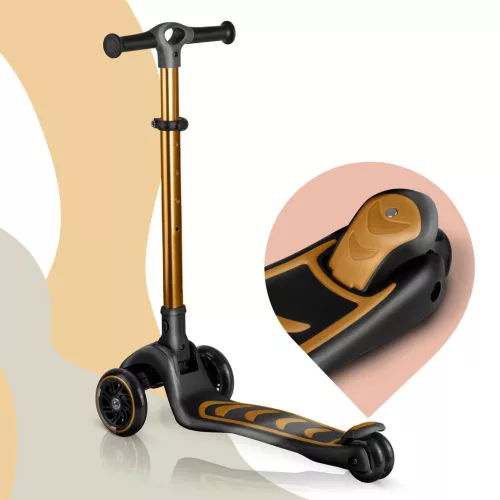 Háromkerekű roller, Nukido Flippo, arany, LED világítás a kerekekben, balanszos irányítás, levehető és állítható ülés, alumínium kormány, max. 50 kg