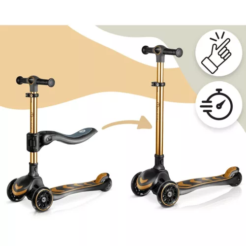 Háromkerekű roller, Nukido Flippo, arany, LED világítás a kerekekben, balanszos irányítás, levehető és állítható ülés, alumínium kormány, max. 50 kg