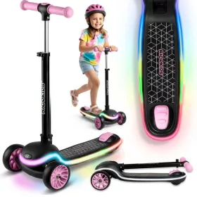   Háromkerekű roller, Ricokids Leddi, fekete/rózsaszín, LED világítás a fellépőben, balanszos irányítás, állítható fém kormány, max. 35 kg