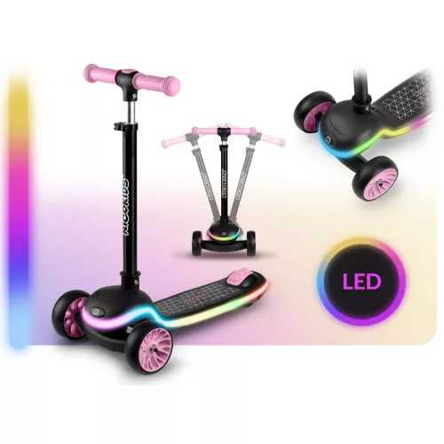 Háromkerekű roller, Ricokids Leddi, fekete/rózsaszín, LED világítás a fellépőben, balanszos irányítás, állítható fém kormány, max. 35 kg