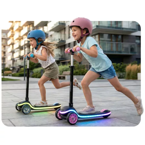Háromkerekű roller, Ricokids Leddi, fekete/rózsaszín, LED világítás a fellépőben, balanszos irányítás, állítható fém kormány, max. 35 kg