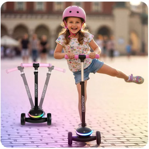 Háromkerekű roller, Ricokids Leddi, fekete/rózsaszín, LED világítás a fellépőben, balanszos irányítás, állítható fém kormány, max. 35 kg