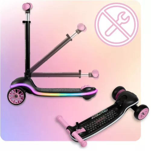 Háromkerekű roller, Ricokids Leddi, fekete/rózsaszín, LED világítás a fellépőben, balanszos irányítás, állítható fém kormány, max. 35 kg