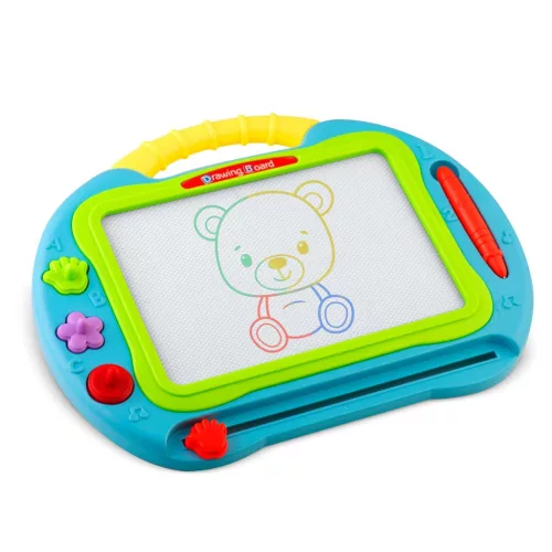 Mágneses rajztábla, Ricokids, 35 × 30 cm, kék, törölhető rajzfelület, mágneses tollal és 3 formával, műanyag, fogantyúval, gyerekeknek