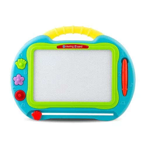Mágneses rajztábla, Ricokids, 35 × 30 cm, kék, törölhető rajzfelület, mágneses tollal és 3 formával, műanyag, fogantyúval, gyerekeknek