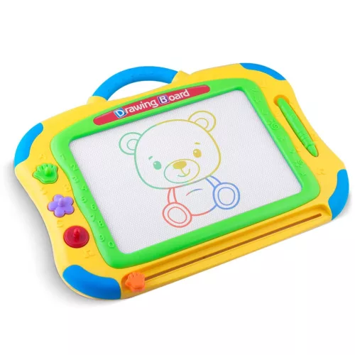 Mágneses rajztábla, Ricokids, 35 × 30 cm, sárga, törölhető rajzfelület, mágneses tollal, 3 db formával, beépített törlőcsúszka, gyerekeknek