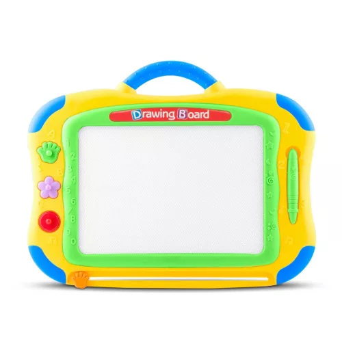Mágneses rajztábla, Ricokids, 35 × 30 cm, sárga, törölhető rajzfelület, mágneses tollal, 3 db formával, beépített törlőcsúszka, gyerekeknek