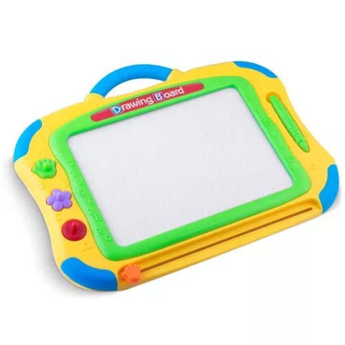 Mágneses rajztábla, Ricokids, 35 × 30 cm, sárga, törölhető rajzfelület, mágneses tollal, 3 db formával, beépített törlőcsúszka, gyerekeknek