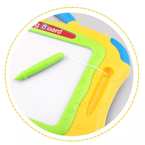 Mágneses rajztábla, Ricokids, 35 × 30 cm, sárga, törölhető rajzfelület, mágneses tollal, 3 db formával, beépített törlőcsúszka, gyerekeknek