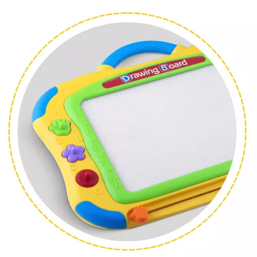 Mágneses rajztábla, Ricokids, 35 × 30 cm, sárga, törölhető rajzfelület, mágneses tollal, 3 db formával, beépített törlőcsúszka, gyerekeknek