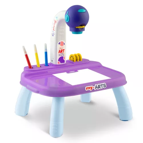 Projektoros rajztábla, Ricokids, kb. 25 × 20 × 35 cm, lila, beépített lámpával, 3 db vetítőkoronggal, 6 db filctollal, 3 éves kortól