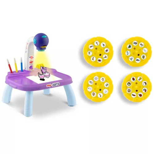 Projektoros rajztábla, Ricokids, kb. 25 × 20 × 35 cm, lila, beépített lámpával, 3 db vetítőkoronggal, 6 db filctollal, 3 éves kortól