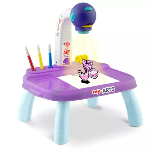 Projektoros rajztábla, Ricokids, kb. 25 × 20 × 35 cm, lila, beépített lámpával, 3 db vetítőkoronggal, 6 db filctollal, 3 éves kortól