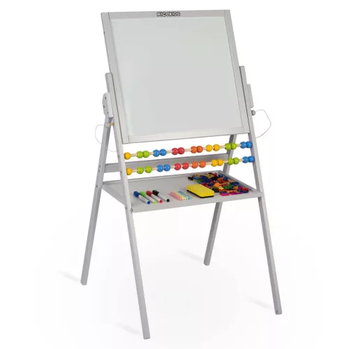 Mágneses rajztábla, Ricokids, szürke, 101 x 54 x 55 cm, kétoldalas (mágneses és krétás tábla), forgatható, fa, számolókerettel, kiegészítőkkel