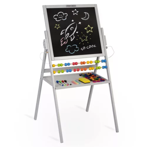 Mágneses rajztábla, Ricokids, szürke, 101 x 54 x 55 cm, kétoldalas (mágneses és krétás tábla), forgatható, fa, számolókerettel, kiegészítőkkel