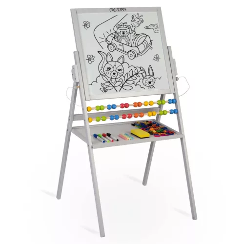 Mágneses rajztábla, Ricokids, szürke, 101 x 54 x 55 cm, kétoldalas (mágneses és krétás tábla), forgatható, fa, számolókerettel, kiegészítőkkel
