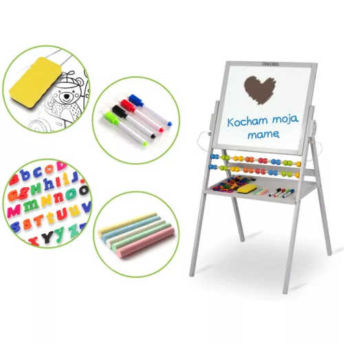 Mágneses rajztábla, Ricokids, szürke, 101 x 54 x 55 cm, kétoldalas (mágneses és krétás tábla), forgatható, fa, számolókerettel, kiegészítőkkel