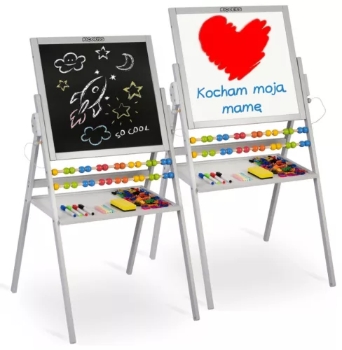 Mágneses rajztábla, Ricokids, szürke, 101 x 54 x 55 cm, kétoldalas (mágneses és krétás tábla), forgatható, fa, számolókerettel, kiegészítőkkel