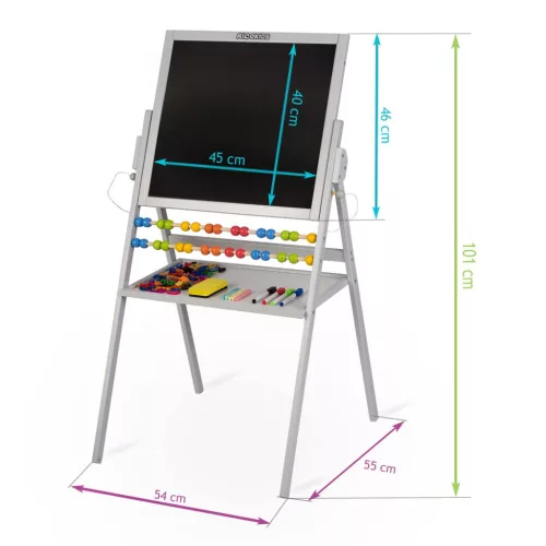 Mágneses rajztábla, Ricokids, szürke, 101 x 54 x 55 cm, kétoldalas (mágneses és krétás tábla), forgatható, fa, számolókerettel, kiegészítőkkel