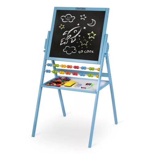 Mágneses rajztábla, Ricokids, kék, 101 x 54 x 55 cm, kétoldalas (mágneses és krétás tábla), forgatható, fa, számolókerettel, kiegészítőkkel