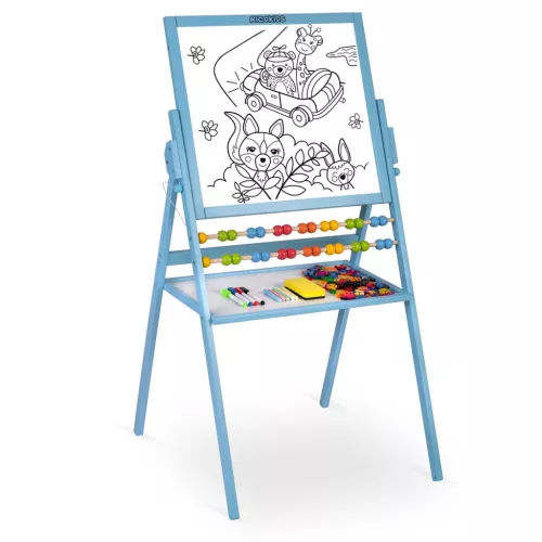 Mágneses rajztábla, Ricokids, kék, 101 x 54 x 55 cm, kétoldalas (mágneses és krétás tábla), forgatható, fa, számolókerettel, kiegészítőkkel