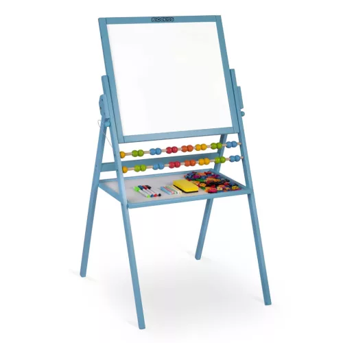 Mágneses rajztábla, Ricokids, kék, 101 x 54 x 55 cm, kétoldalas (mágneses és krétás tábla), forgatható, fa, számolókerettel, kiegészítőkkel
