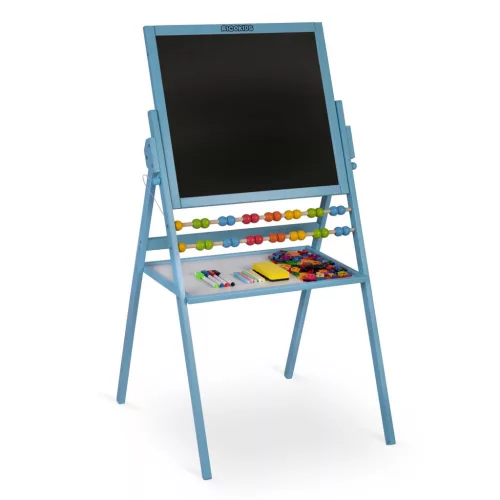 Mágneses rajztábla, Ricokids, kék, 101 x 54 x 55 cm, kétoldalas (mágneses és krétás tábla), forgatható, fa, számolókerettel, kiegészítőkkel