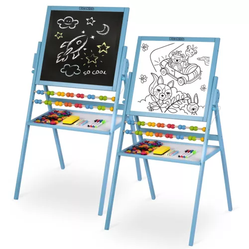 Mágneses rajztábla, Ricokids, kék, 101 x 54 x 55 cm, kétoldalas (mágneses és krétás tábla), forgatható, fa, számolókerettel, kiegészítőkkel