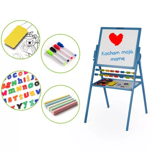 Mágneses rajztábla, Ricokids, kék, 101 x 54 x 55 cm, kétoldalas (mágneses és krétás tábla), forgatható, fa, számolókerettel, kiegészítőkkel