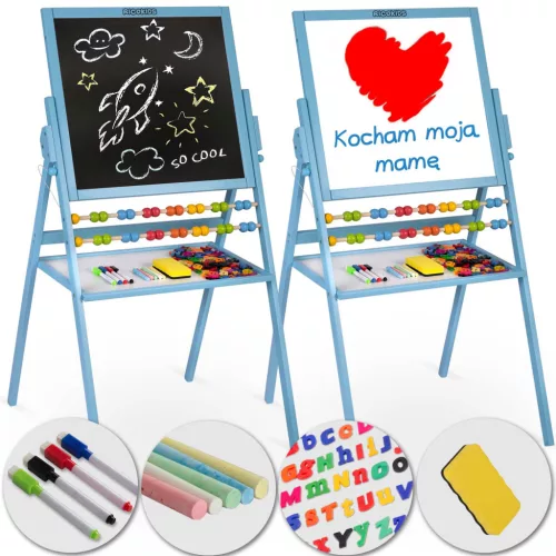 Mágneses rajztábla, Ricokids, kék, 101 x 54 x 55 cm, kétoldalas (mágneses és krétás tábla), forgatható, fa, számolókerettel, kiegészítőkkel